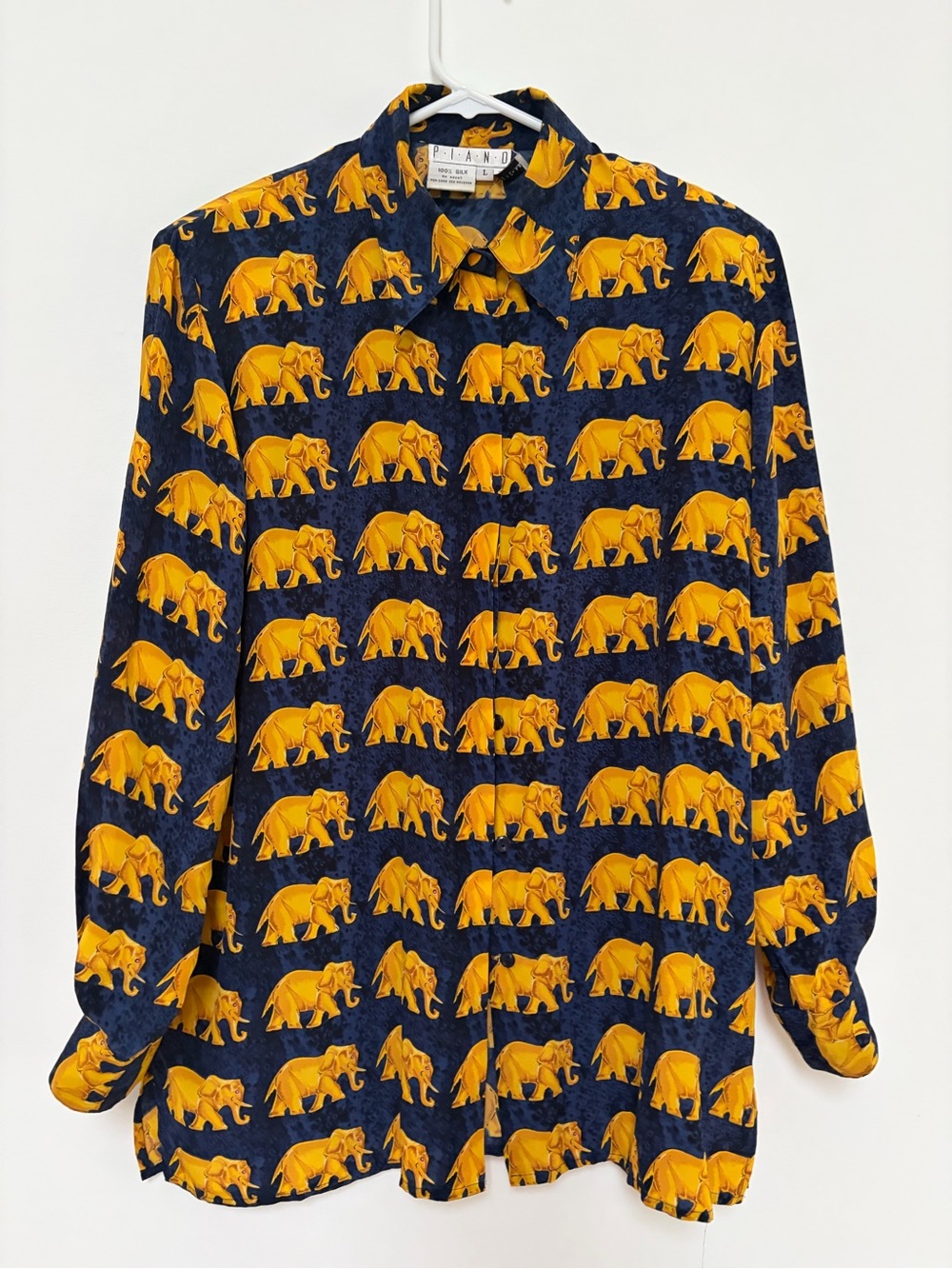 Piano Blue Yellow Silk Elephant Vintage Buttoned Shirt Large